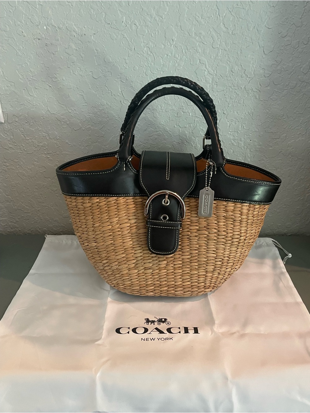 Coach Straw Tote with Black Leather Trim and Buckle Accent